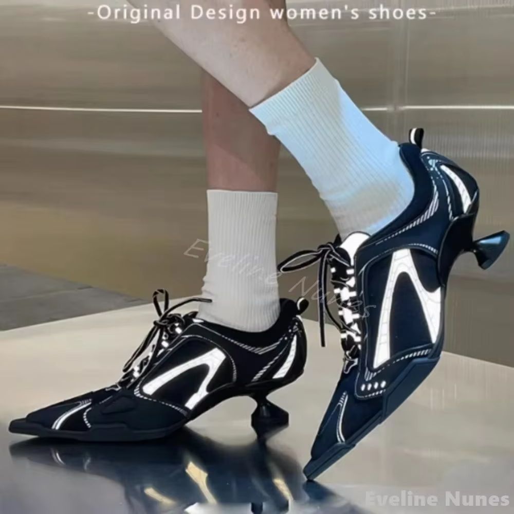 Sewing New - Mesh panel high-heeled sneakers women pointed